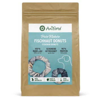 Verpackung für AniForte Pure Nature Fishskin Donuts, mit zwei Fischhautringen, mit Text, der 100% Kabeljau, schonend getrocknet, und 90% Protein hervorhebt.