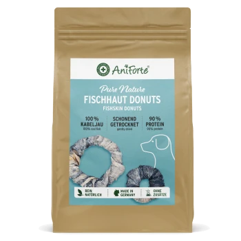 Verpackung für AniForte Pure Nature Fishskin Donuts, mit zwei Fischhautringen, mit Text, der 100% Kabeljau, schonend getrocknet, und 90% Protein hervorhebt.