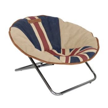 Stuhl Flagge blau Ein runder Haustierbett mit einem Union Jack-Design in Beige, Blau und Rot, mit einem braunen Rand und einem Metallrahmen.