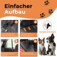 Schritt-für-Schritt-Anleitung zum Installieren einer Autositzabdeckung für Haustiere mit vier Bildern, beschriftet "Einfacher Aufbau", mit einem Hund und einer Katze.