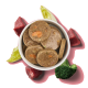 Schüssel mit Tierfutter-Patties, die sichtbare Stücke von Karotten enthalten, umgeben von Stücken rohem Fleisch, Salat und Brokkoli auf einem rosa Hintergrund.