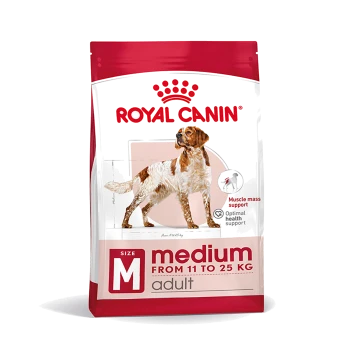 Royal Canin Medium Adult Hundefutterbeutel mit einer braun-weißen Hundillustration, beschriftet "Größe M" für Hunde von 11-25 kg, betont die Unterstützung der Muskelmasse.
