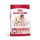 Royal Canin Medium Adult dog food bag with a brown and white dog illustration, labeled "Size M" for dogs 11-25 kg, emphasizing muscle mass support.