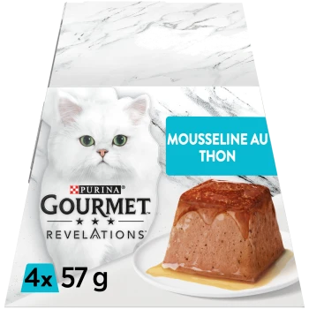 Boîte Purina Gourmet Revelations avec un chat blanc à poils longs, mousseline au thon servie sur assiette, mention «Mousseline au thon» et «4x 57 g».