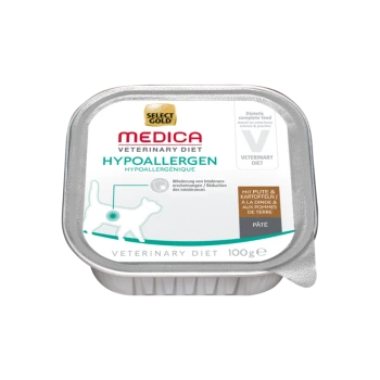 Nourriture pour chats hypoallergénique dans un contenant de 100g, étiquetée "Select Gold Medica Veterinary Diet," présentant une silhouette de chat et des allégations nutritionnelles.