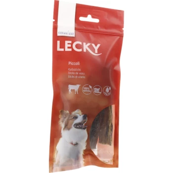 Piccoli Kalbs-Sticks 12cm 6 Stk Rote Verpackung für Lecky Piccoli Hundeleckerlis, die einen glücklichen Hund zeigt und den Text "100% natürlich" und "fettarm" anzeigt.