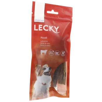 Rote Verpackung für Lecky Piccoli Hundeleckerlis, die einen glücklichen Hund zeigt und den Text "100% natürlich" und "fettarm" anzeigt.