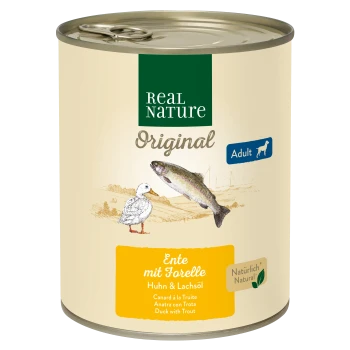 Boîte de nourriture pour chiens Real Nature avec du canard et de la truite, étiquetée "Ente mit Forelle," avec des illustrations d'un canard et d'un poisson.