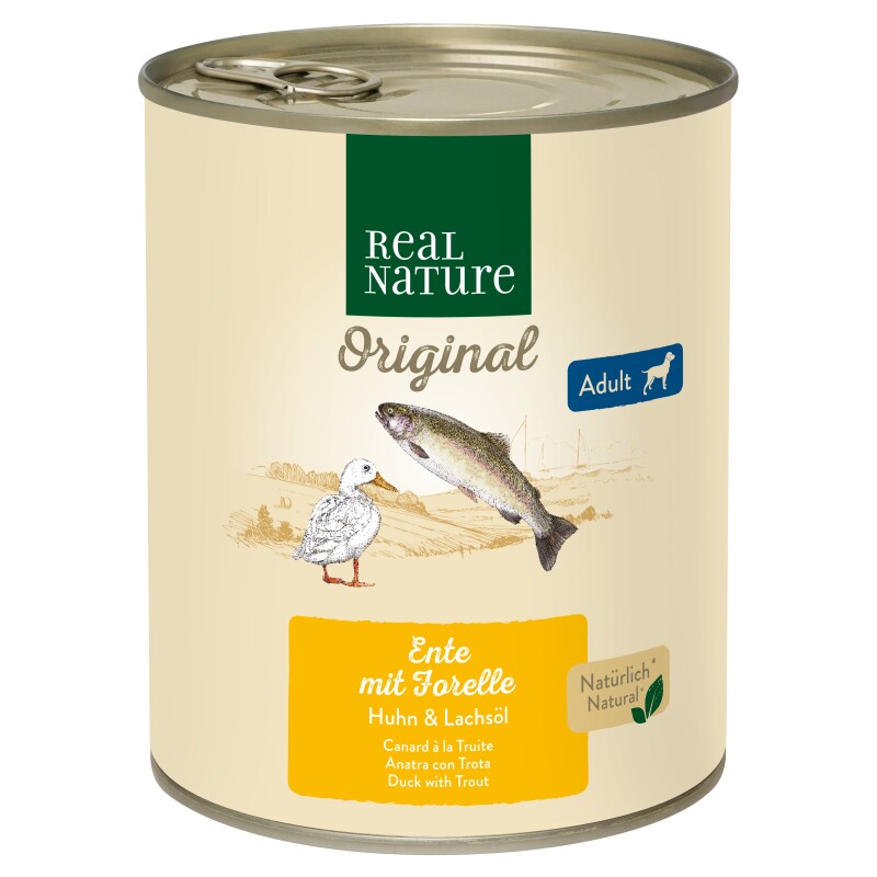 REAL NATURE nourriture humide chien adulte Canard à la truite 6x800 g