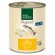 Can of Real Nature dog food featuring duck and trout, labeled "Ente mit Forelle," with illustrations of a duck and fish.
