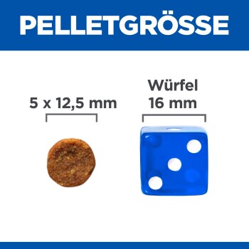 Vergleich der Größe von Tierfutterpellets mit einem 5 x 12,5 mm Pellet neben einem 16 mm blauen Würfel mit der Aufschrift „Würfel“