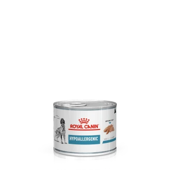 Royal Canin hypoallergenes Hundefutterdose, mit einer Hundesilhouette und Bildern von Futter, gekennzeichnet als "Veterinär" und "Laib in Sauce."