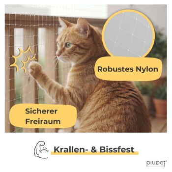 Orange gestreifte Katze spielt mit Balkon-Schutznetz; eingeblendeter Text: „Robustes Nylon, Sicherer Freiraum, Krallen- & Bissfest“