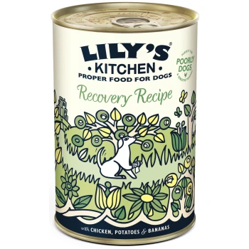 Dose von Lily's Kitchen "Recovery Recipe" Hundefutter mit einem weißen Hund im Gras, mit Huhn, Kartoffeln und Bananen.