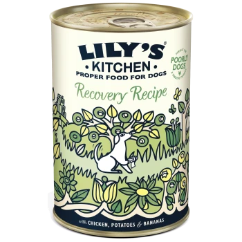 Dose von Lily's Kitchen "Recovery Recipe" Hundefutter mit einem weißen Hund im Gras, mit Huhn, Kartoffeln und Bananen.