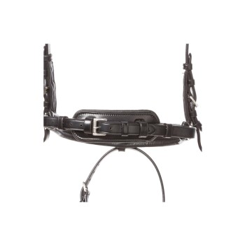 Schwarzes Leder-Haustiergeschirr mit verstellbaren Riemen und einem gepolsterten Bruststück, mit einer Schnalle und Metallclips.