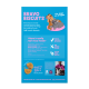 Helles blaues Werbeplakat für "Bravo Biscuits" mit zwei verspielten Hunden. Der Text hebt frische Zutaten, keinen zugesetzten Zucker und ein getreidefreies Rezept hervor.