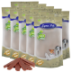 Acht Tüten Lyra Pet Natural Power Hundeleckerlis, mit einem Haufen Leckerlis davor, auf deren Verpackung glückliche Hunde abgebildet sind.