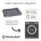 Graues Hundebett mit der Aufschrift "Doctor Bark", maschinenwaschbar bis 95°C, trocknergeeignet, mit Text, der die einfache Reinigung bewirbt.
