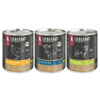 Drei Liebesgut-Dosen Hundefutter (Huhn, Rind, Schaf) mit schwarzen Etiketten, die Tierskizzen und das 'BIO'-Logo zeigen.
