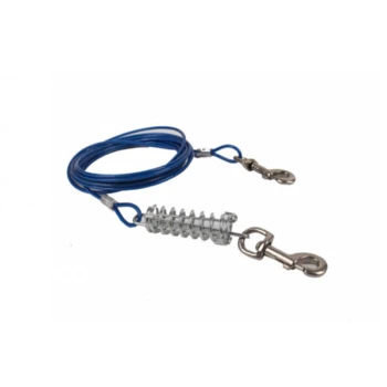 Blaue Haustierleine mit einem klaren Federmechanismus und Metallclips an beiden Enden.