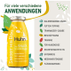 Gelbe SmoothieDog-Glasflasche mit Aufschrift 'Huhn - Der SNACK für jeden Hund' und einer deutschen Anwendungsauflistung rechts.