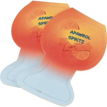 Two cocktail-shaped orange-to-blue pet toys with lemon slice graphic and text "APAWROL SPRITZ"