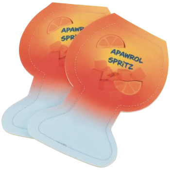 Two cocktail-shaped orange-to-blue pet toys with lemon slice graphic and text "APAWROL SPRITZ"