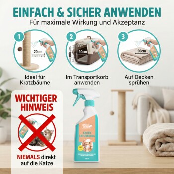 Eine Flasche GREEN HERO Entspannungsspray für Haustiere, mit einer schlafenden Katze, "Nature Knows Best" und "Made in Germany" Logos.