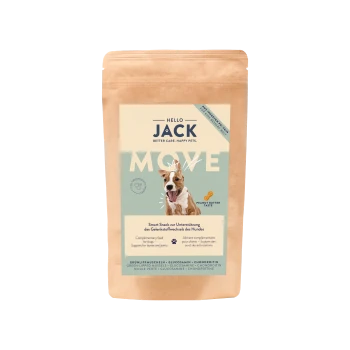 Paquet de friandises pour chiens Hello Jack Move, goût beurre de cacahuète, soutient les os et les articulations, contient de la glucosamine et de la chondroïtine.