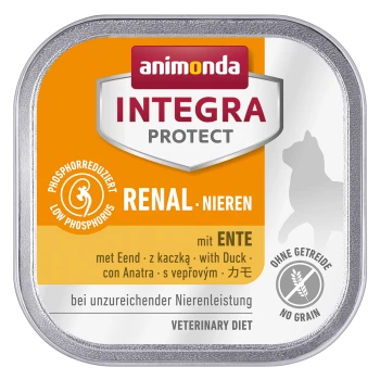 Nourriture pour chiens en conserve Animonda "Integra Protect", régime rénal faible en phosphore avec du canard, présentant un texte multilingue et un symbole sans céréales.