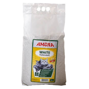 Beutel AMORA White Katzenstreu (Kiefernduft), 15 L, Etikett zeigt zwei Katzen.
