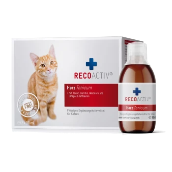 RECOACTIV Herz Tonicum für Katzen, mit einer 90 ml Flasche und Verpackung, hebt Inhaltsstoffe wie Taurin, Carnitin und Omega-3-Fettsäuren hervor.