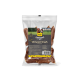 Eine durchsichtige Plastiktüte mit mehreren Mini-Wurstsnacks für Hunde, beschriftet mit "caniland Miniwurst Strauß" mit einer Beschreibung als saftiger Leckerbissen.