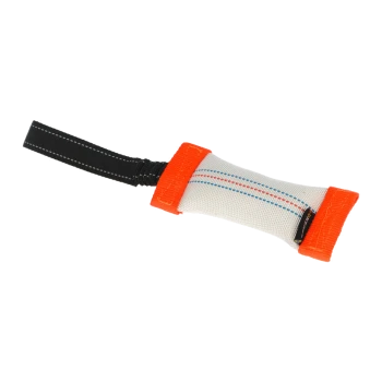 Hondentrainingsspeelgoed met een gewatteerd, wit lichaam en feloranje uiteinden, met een zwarte handgreep voor een gemakkelijke grip.