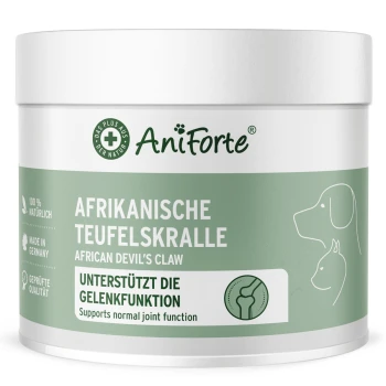 Behälter mit AniForte Afrikanischem Teufelskrallenextrakt, beschriftet in Deutsch und Englisch, der Gelenkunterstützung für Haustiere fördert.