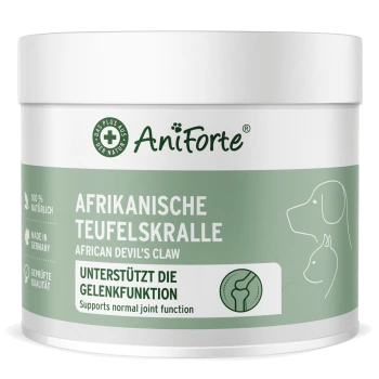 Behälter mit AniForte Afrikanischem Teufelskrallenextrakt, beschriftet in Deutsch und Englisch, der Gelenkunterstützung für Haustiere fördert.