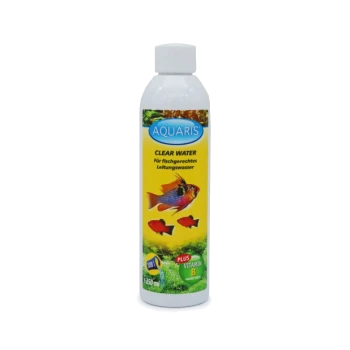 AQUARIS Klarsicht-Wasserflasche für fischsicheres Leitungswasser, mit bunten Fischgrafiken, 250 ml Größe und dem Text "plus Vitamin B".