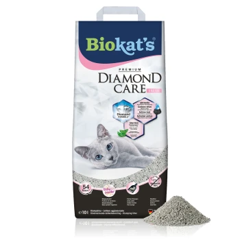 Diamond Care fresh 10 l Biokat's Premium Diamond Care Katzenstreu-Tüte mit einer grauen Katze, die behauptet, 54 Tage zu halten, enthält Aktivkohle und Aloe Vera.