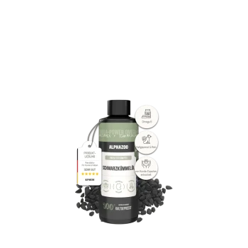 Flasche Alphazoo kaltgepresstes Schwarzkümmelöl für Hunde und Katzen mit Omega 6, umgeben von schwarzen Samen.