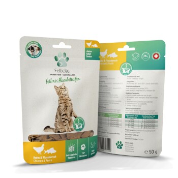 Fellicita Katzensnack-Beutel mit Tigerkatze und Pfotenlogo; sichtbarer Text 'Fellicita', 'Huhn & Flussbarsch / Chicken & Perch', 'Junior/Adult/Senior', '50 g'