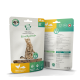 Fellicita Katzensnack-Beutel mit Tigerkatze und Pfotenlogo; sichtbarer Text 'Fellicita', 'Huhn & Flussbarsch / Chicken & Perch', 'Junior/Adult/Senior', '50 g'