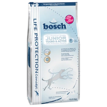 Bosch Junior Young & Active Hundefutterbeutel, hellblau, 12,5 kg, 'bosch'-Logo und Schriftzug 'Life Protection'.