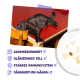 Schwarze Katze schläft auf einem roten Tisch neben einer Kaffeetasse; deutsche Checkliste: DARMGESUNDHEIT, GLÄNZENDES FELL, STARKES IMMUNSYSTEM (abgehakt), FÄHIGKEIT ZU NÄHEN (durchgestrichen).