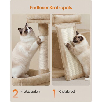 Ragdoll-Katze benutzt beigen Kratzbaum und Kratzbrett; sichtbarer Text: 'Endloser Kratzspaß', '2 Kratzsäulen', '1 Kratzbrett'