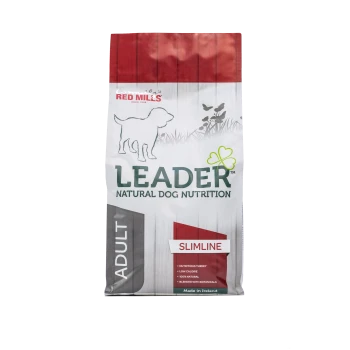 A bag of Leader Natural Dog Nutrition "Slimline" dog food with a dog silhouette and labels for "Nutritious Turkey" and "Low Calorie."
