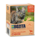 Katzenfutterverpackung mit einer getigerten Katze, beschriftet mit "BOZITA" und "100% tierisches Protein", "getreidefrei" und "Stücke in Gelee."