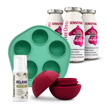 Türkisfarbene 6-Fach SMOOTHIEDOG-Silikonform, roter Belohnungsball, weißer RELAXIO-Spender und drei SENSITIVO hypoallergene Snack-Fläschchen.