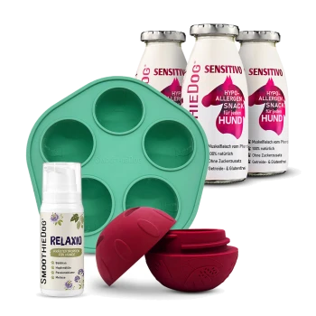 Türkisfarbene 6-Fach SMOOTHIEDOG-Silikonform, roter Belohnungsball, weißer RELAXIO-Spender und drei SENSITIVO hypoallergene Snack-Fläschchen.