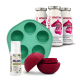 Türkisfarbene 6-Fach SMOOTHIEDOG-Silikonform, roter Belohnungsball, weißer RELAXIO-Spender und drei SENSITIVO hypoallergene Snack-Fläschchen.